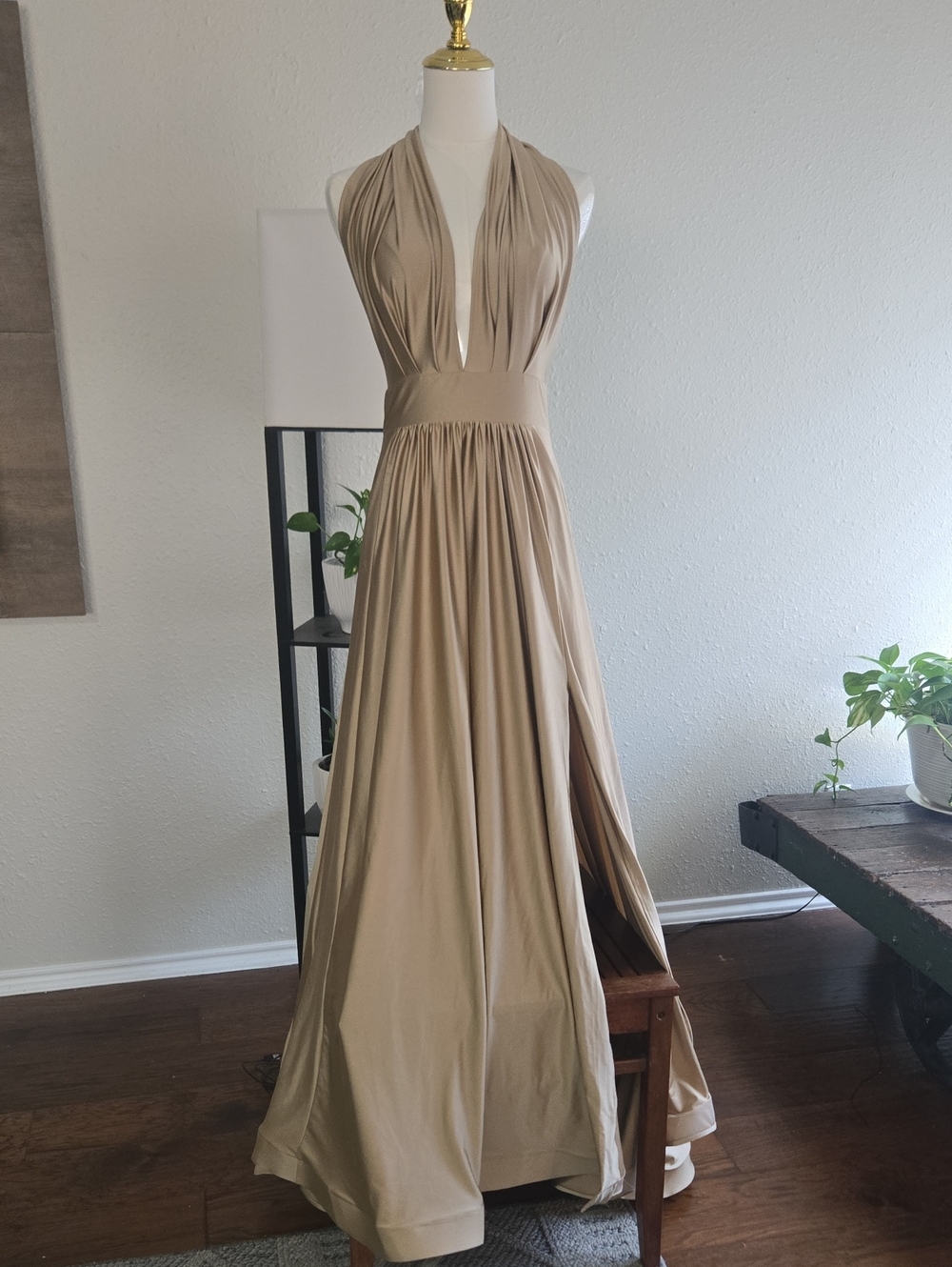 Jessica Angel Gown:Sleeveless Plunging Halter Maxi Dress in Taupe
